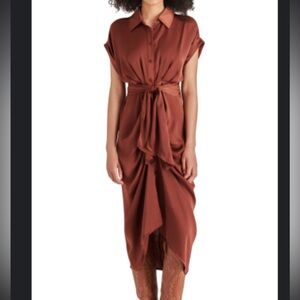 Steve Madden Tori Tie Waist Satin Midi Shirtdress Size 2, CINNAMON